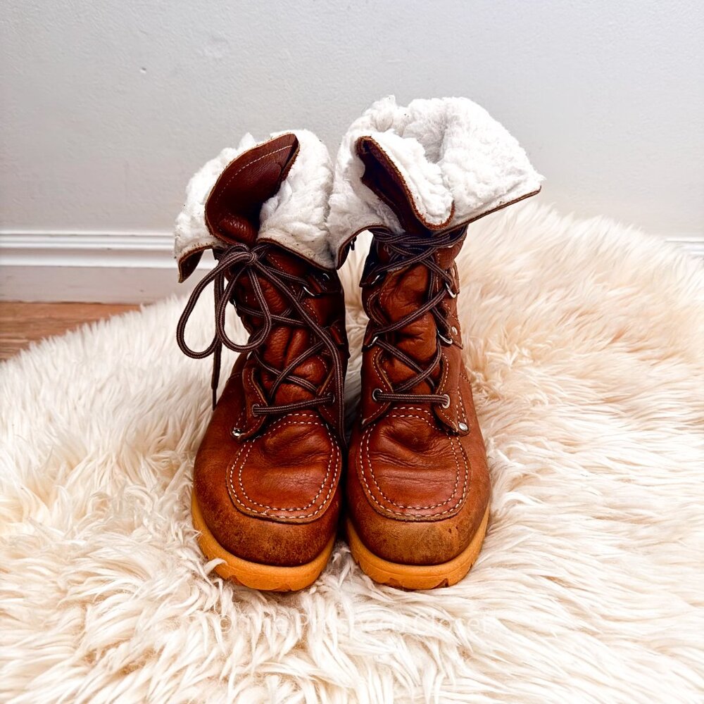 70s Vintage Glo-Warm Shearling Lined Leather Snow Boots Womens (8)